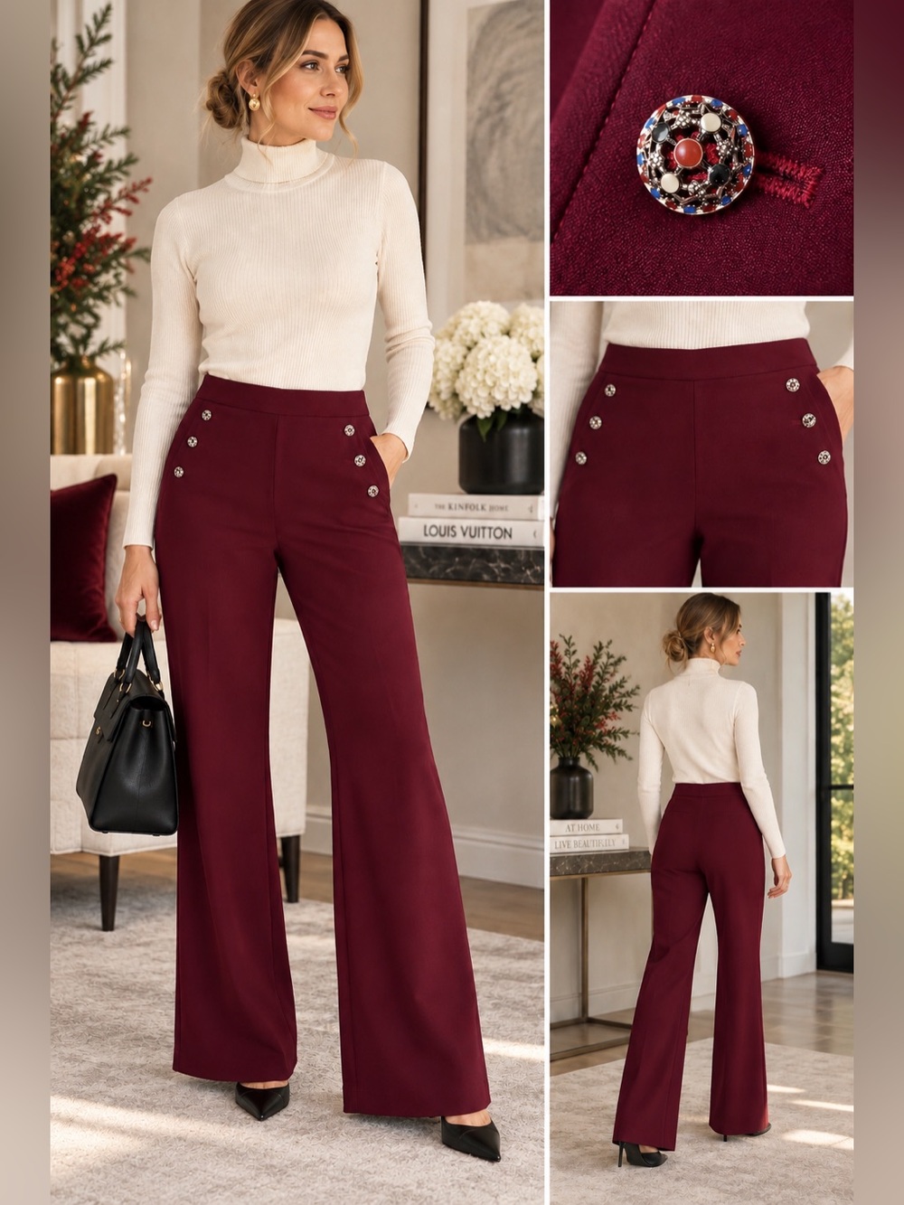 Rachel Zoe Burgundy Wide Leg Sailor Pants Size 12 Jeweled Button Stretch Trouser